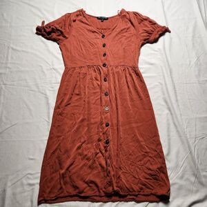 One Clothing Womens Medium Knee Length Short Sleeve Button Dress Burnt Orange